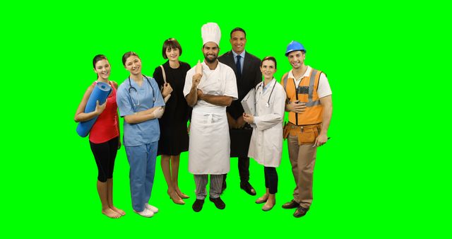 Portrait of various professional standing against green screen
