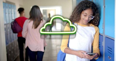 School teen using smartphone at lockers with neon cloud icon representing cloud storage