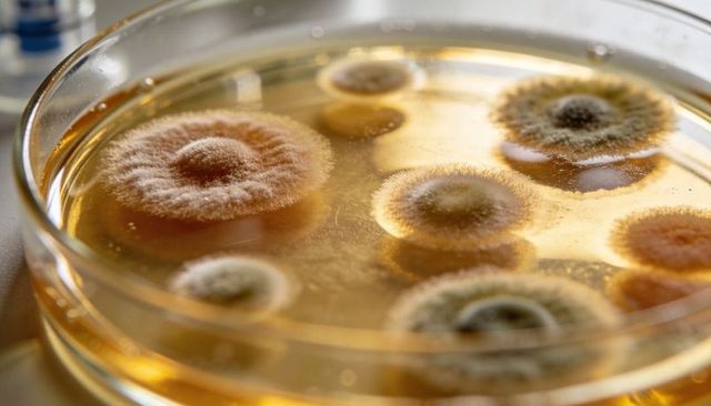 Colorful mold colonies growing on amber agar in petri dish close-up