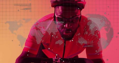 Indoor cyclist training with futuristic data overlay and world map analytics