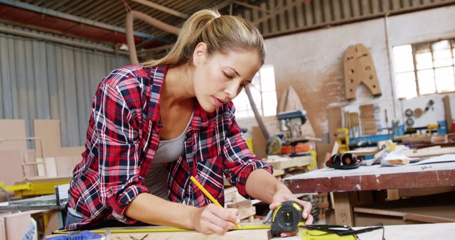 Female Carpenter Measuring Wood in Workshop - Download Free Stock Images Pikwizard.com