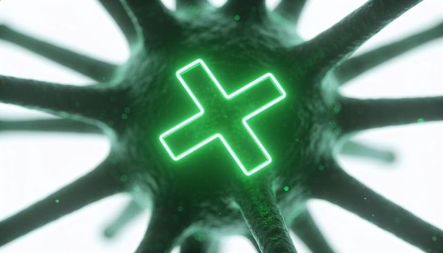 Glowing spiky orb emitting neon green cross within microscopic sci-fi bioform network