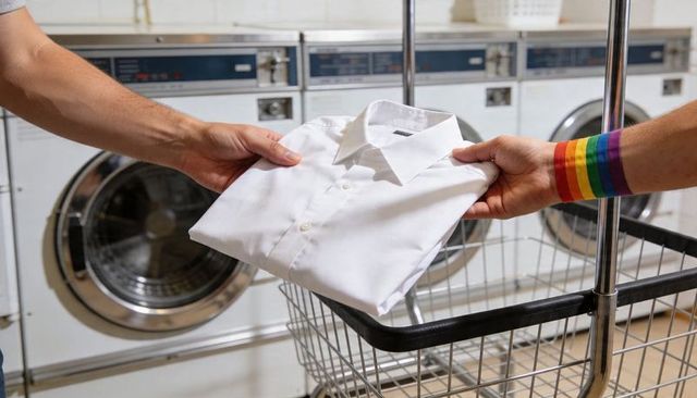 Hands exchanging folded white shirt on metal cart at laundromat with rainbow wristband