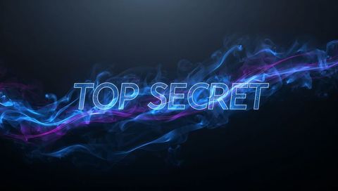 Neon top secret wordmark with blue and purple smoke ribbons, holographic outline