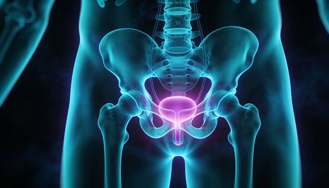3D Medical Illustration Showing Pelvic Skeleton with Glowing Bladder and Urethra