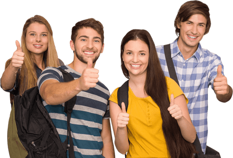 Smiling Students Giving Thumbs Up with Backpacks on Transparent Background