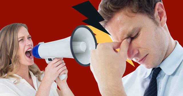 Digital composite image of caucasian woman shouting on megaphone while man suffering from headache - Download Free Stock Photos Pikwizard.com