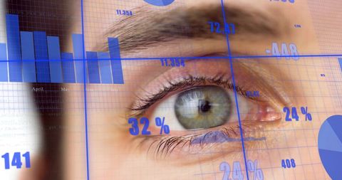 Digital data processing reflected in human eye close-up