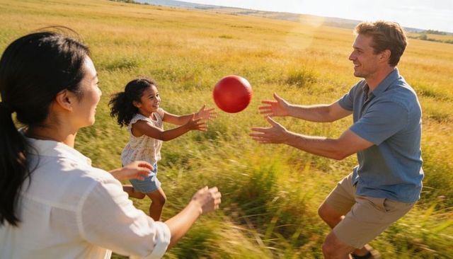 Playful parents tossing red ball with daughter in sunlit meadow, outdoor family fun