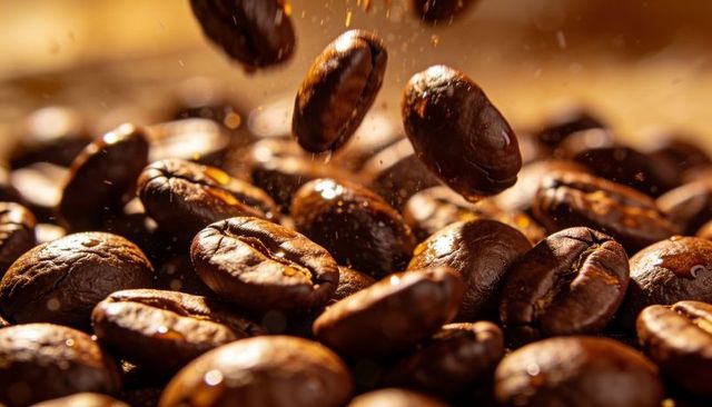 Glossy roasted coffee beans falling in warm bokeh with oily sheen and motion