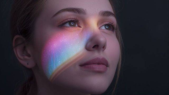 Casting pastel rainbow light across woman's face with glitter makeup and stud earring