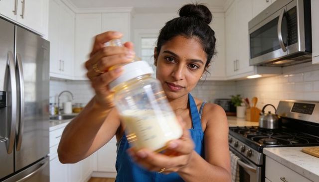 Young woman shaking baby bottle in modern kitchen preparing infant formula