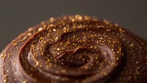 Macro video revealing glossy chocolate swirl topped with sparkling gold flakes