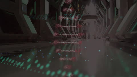 Futuristic Scene with DNA Strand and Data Processing Imagery