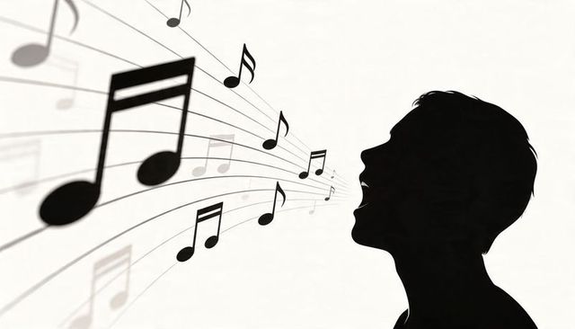 Silhouette singer projecting musical notes and melodic staff lines across cream backdrop