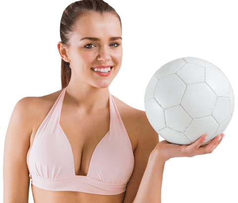 Smiling Woman in Bikini Holding Football on Transparent Background