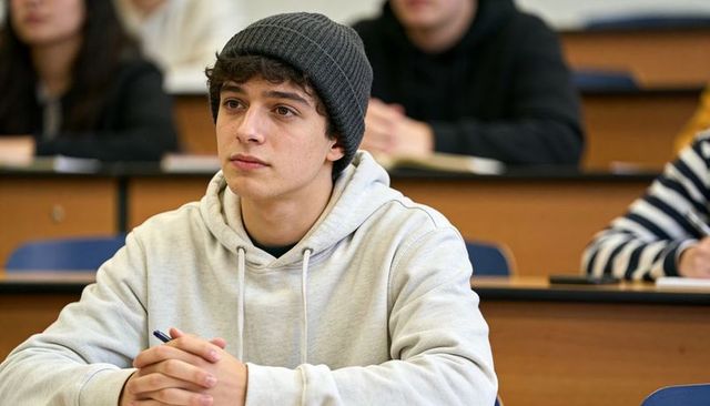 Attentive college student wearing beanie and hoodie listening, taking notes in lecture hall
