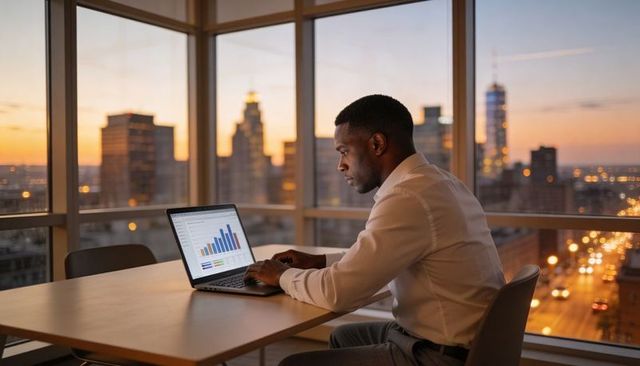 Working late on laptop displaying business charts in corner office at sunset
