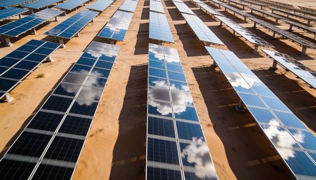 Solar Farm Reflecting Clouds on Desert Photovoltaic Panels Stretching in Symmetrical Rows