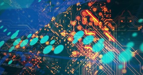 Neon Circuit Network Showing Glowing PCB Traces and Teal Bokeh for Futuristic Technology