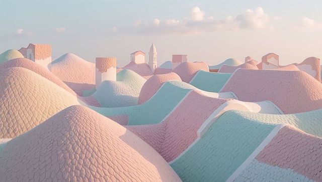 Undulating pastel tiled mounds creating dreamlike townscape with spire and shingle texture