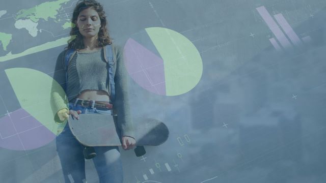 Young woman in casual attire holds skateboard against a backdrop of digital financial graphics, conveying a blend of lifestyle and modern finance. Suitable for illustrating themes of youth engagement in finance, dynamic lifestyles, business innovation, or tutorials on merging fashion and corporate themes.