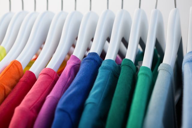 Close-up view of a row of colorful t-shirts neatly arranged on hangers. Ideal for use in fashion retail advertisements, clothing store promotions, wardrobe organization tips, and textile industry articles. Perfect for illustrating concepts related to fashion, shopping, and apparel.