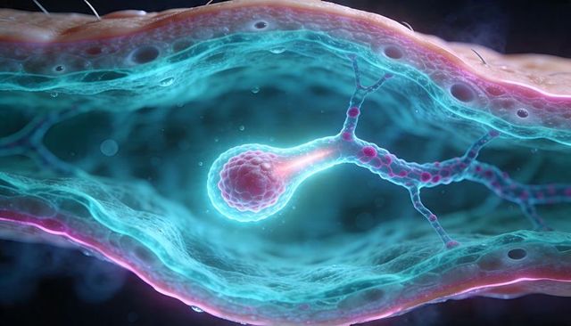 Glowing synaptic terminal connecting branching neurites in porous tubular tissue micrograph
