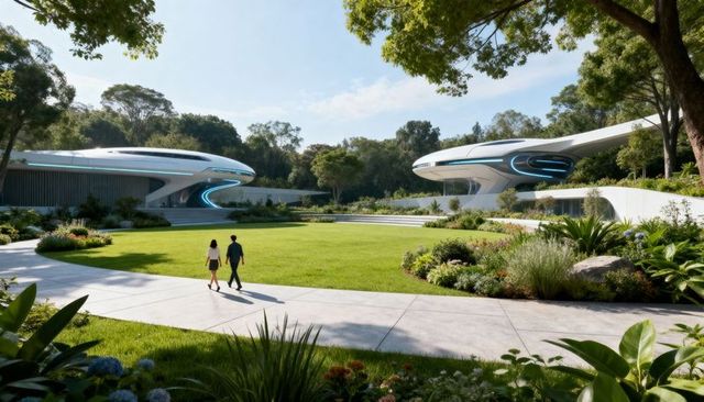 Walking couple exploring futuristic campus courtyard with glowing pods and green lawn