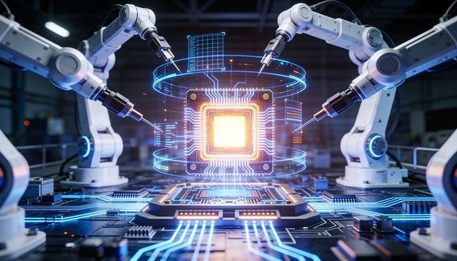 Robotic Arms Assembling Glowing Microchip Above PCB Socket with Futuristic Holograms