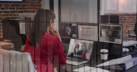 Businesswoman Engaging in Virtual Meeting with Analytics Interface