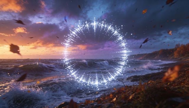 Glowing luminous ring hovering over wild coast at sunset with sparkling particle halo