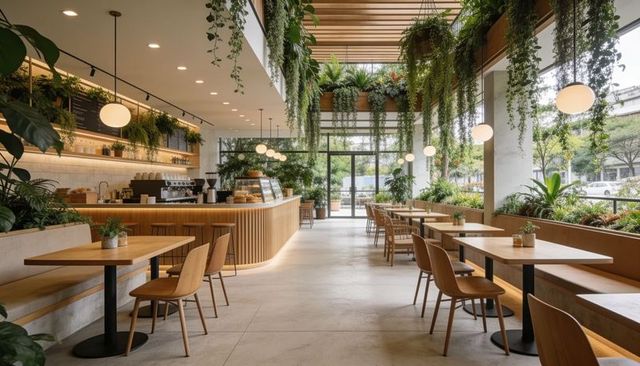 Airy urban cafe featuring curved wooden service counter and cascading hanging plants