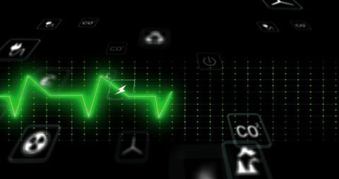 Neon green energy ecg waveform pulsing over digital grid with power co2 factory icons