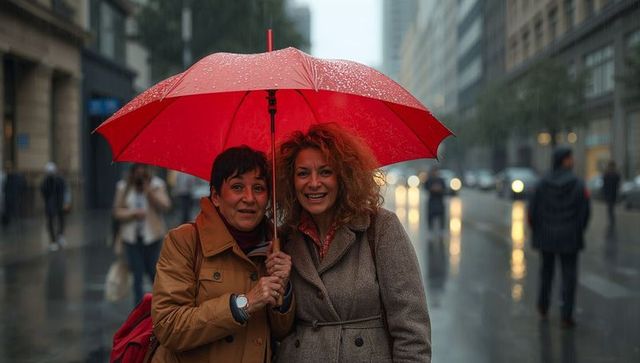 Two women sharing bright red umbrella on rainy city street, smiling and wearing coats