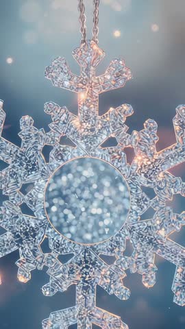Rotating Crystal Snowflake Hanging on Chain with Warm Bokeh and Shimmer Light Particles