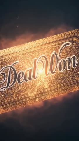 Glowing Gold Plaque Tilting Through Smoky Amber Light Revealing Deal Won in Cursive