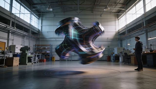 Levitating futuristic prototype emitting glowing circuit trails inside industrial workshop