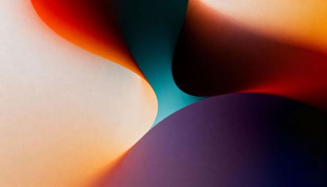 Layered curved paper folds unfolding in vibrant teal purple orange gradient minimal studio