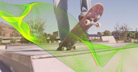 Skateboarder balancing on ramp with dynamic green overlay