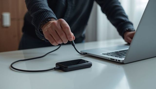 Plugging external drive into laptop on minimalist home desk for data backup