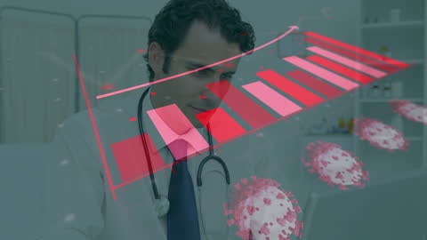 Doctor Analyzing Bar Graph Data Overlay with Pandemic Symbols