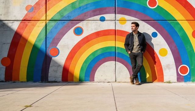 Man leaning against vibrant rainbow mural on concrete wall with urban sidewalk space
