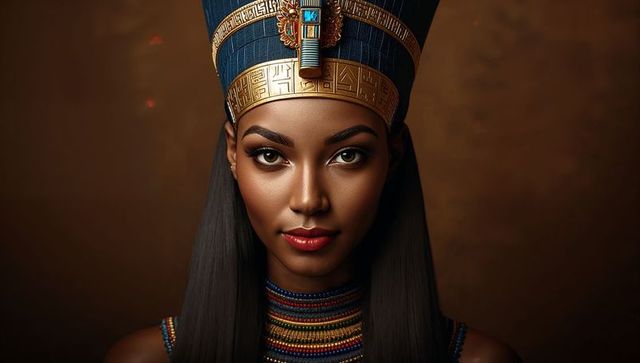 Elegant Woman in Ancient Egyptian Headdress with Vibrant Jewelry