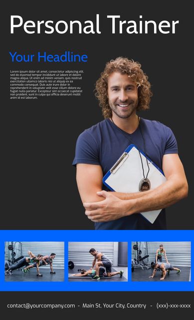 Ideal for promoting personal training services, fitness classes, or gyms. Features images of a professional trainer with a friendly demeanor encouraging a healthy lifestyle. Effective for marketing material such as brochures, posters, digital ads, and social media promotions.