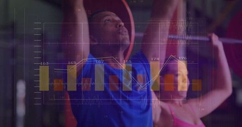 Gym partners training with fitness analytics overlay