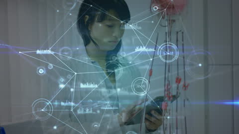 Innovative Scientist Engaging with Digital Network Interface in Lab