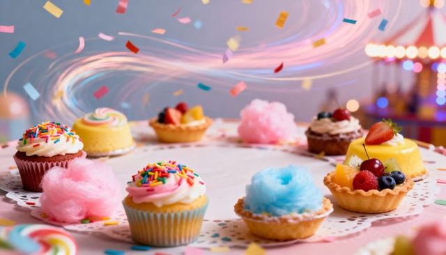 Pastel Carnival Dessert Ring Featuring Cupcakes with Sprinkles, Fruit Tarts, Cotton Candy