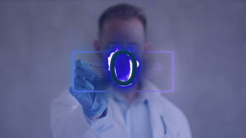 Doctor Wearing Mask Analyzing Glowing Digital Data Interface