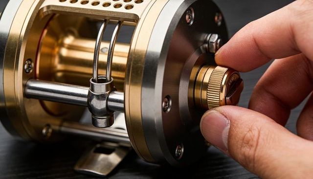 Hand adjusting knurled drag knob on brass fishing reel closeup showing machined detail